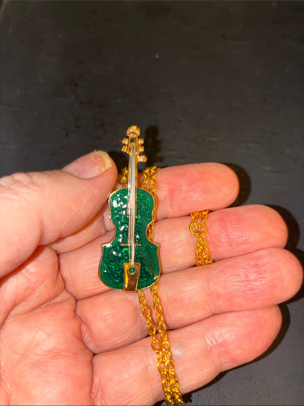 Gold-Tone Green Violin Pendant/Brooch Necklace